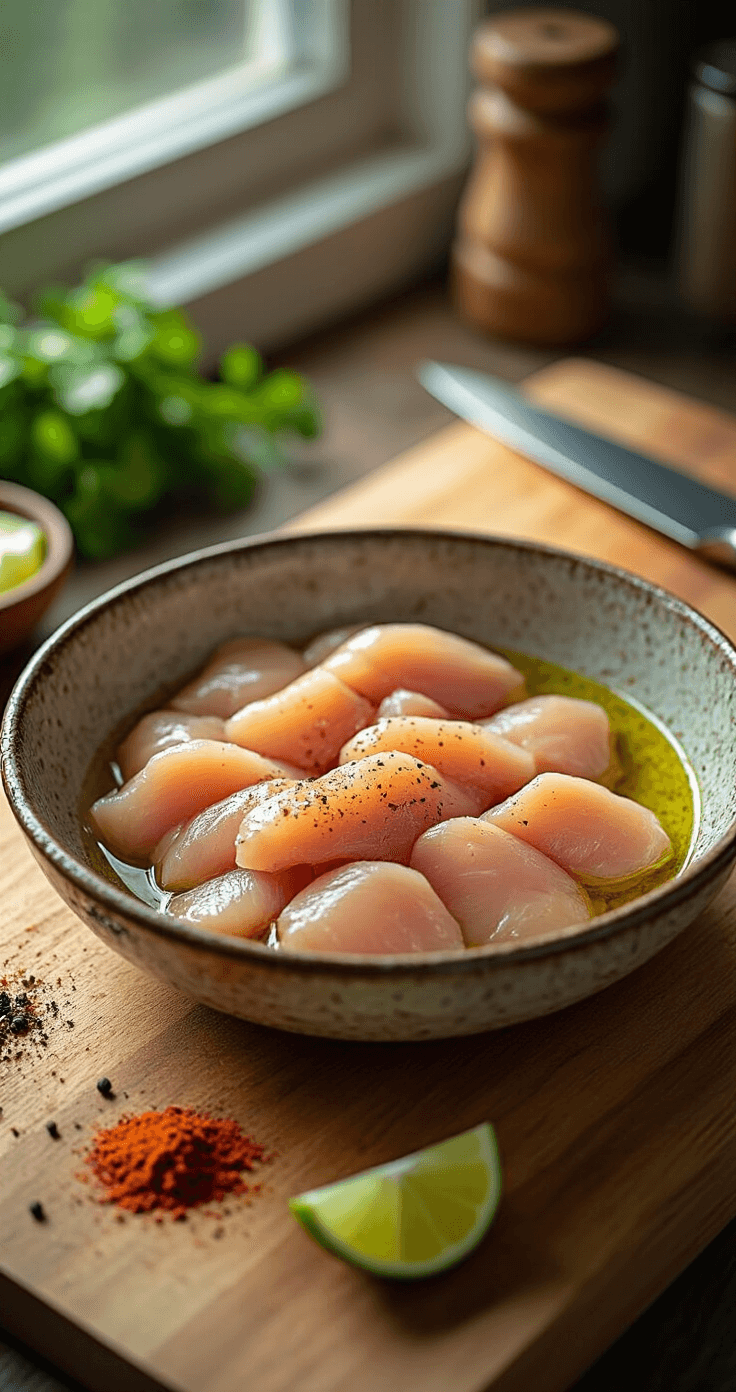 Keto Kipfilet Fajita's – Snel, Smaakbom, Simpel Ultra-detaill close-up van rauwe kippreepjes gemarineerd in een rustieke keramische kom, met glinsterend limoensap en verspreide specerijen zoals komijn en gerookt paprikapoeder. Natuurlijke lichtinval creëert zachte schaduwen op het strak keukenaanrecht met een houten snijplank en een vlijmscherp mes in de buurt. Cinematische voedsel fotografie stijl met ondiepe scherptediepte.