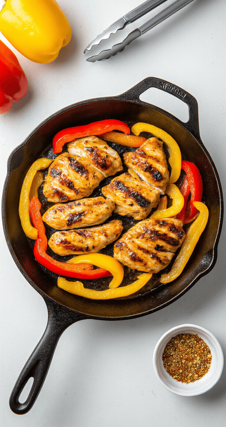 Keto Kipfilet Fajita's – Snel, Smaakbom, Simpel Professionele overheadfoto van een borden verhitte cast-iron skillet met perfect gebruinde kipreepjes en kleurrijke paprika's, omgeven door stoom, metalen tang en een klein ramekin met kruidenmix.