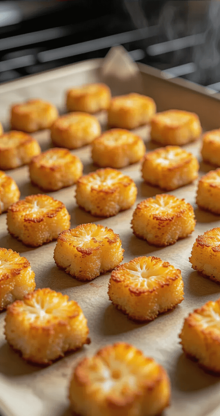 Keto Bloemkool Tater Tots – Crispy Laagkoolhydraat Snack Gouden-kleurige keto bloemkooltots op een bakplaat met bakpapier, perfect cilindrisch met knapperige randen, stoom stijgt op, warme ovenverlichting werpt dramatische schaduwen, professionele keuken op achtergrond met roestvrijstalen elementen, close-up toont fijne textuur en gouden-kleurige uitstraling.