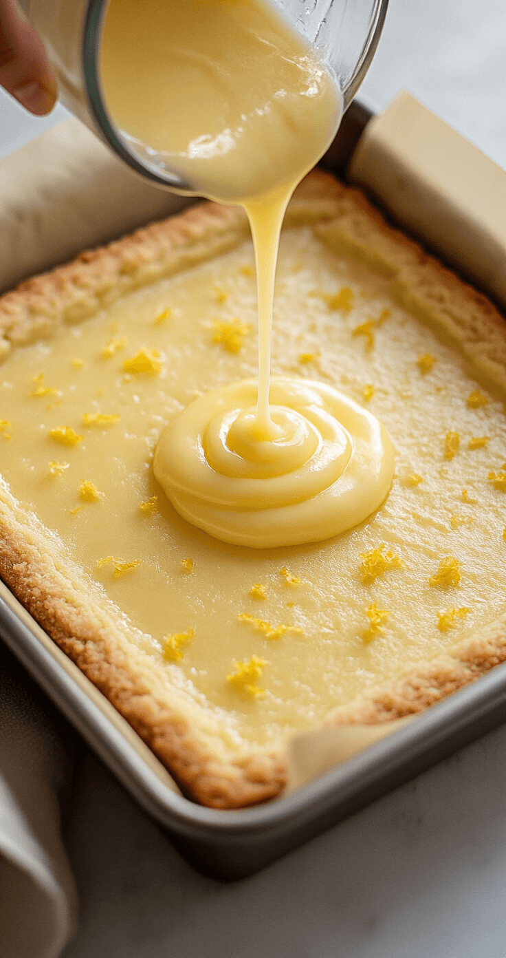 Keto Citroenrepen: Zurig, Zoet en Zonder Schuldgevoel Close-up van een vierkante bakpan met gladde bakpapier, met een net gebakken amandelmeelkorst met gouden randen. Romige citroenvulling wordt voorzichtig over de warme bodem gegoten, met zichtbare citroenschilletjes. Zachte keukenverlichting benadrukt de texturen van de zandachtige korst en de zijdeachtige vulling. Opgenomen vanuit een hoek van 45 graden om het moment van laagjes toevoegen vast te leggen, met een zachte focus op omringende bakgereedschappen.