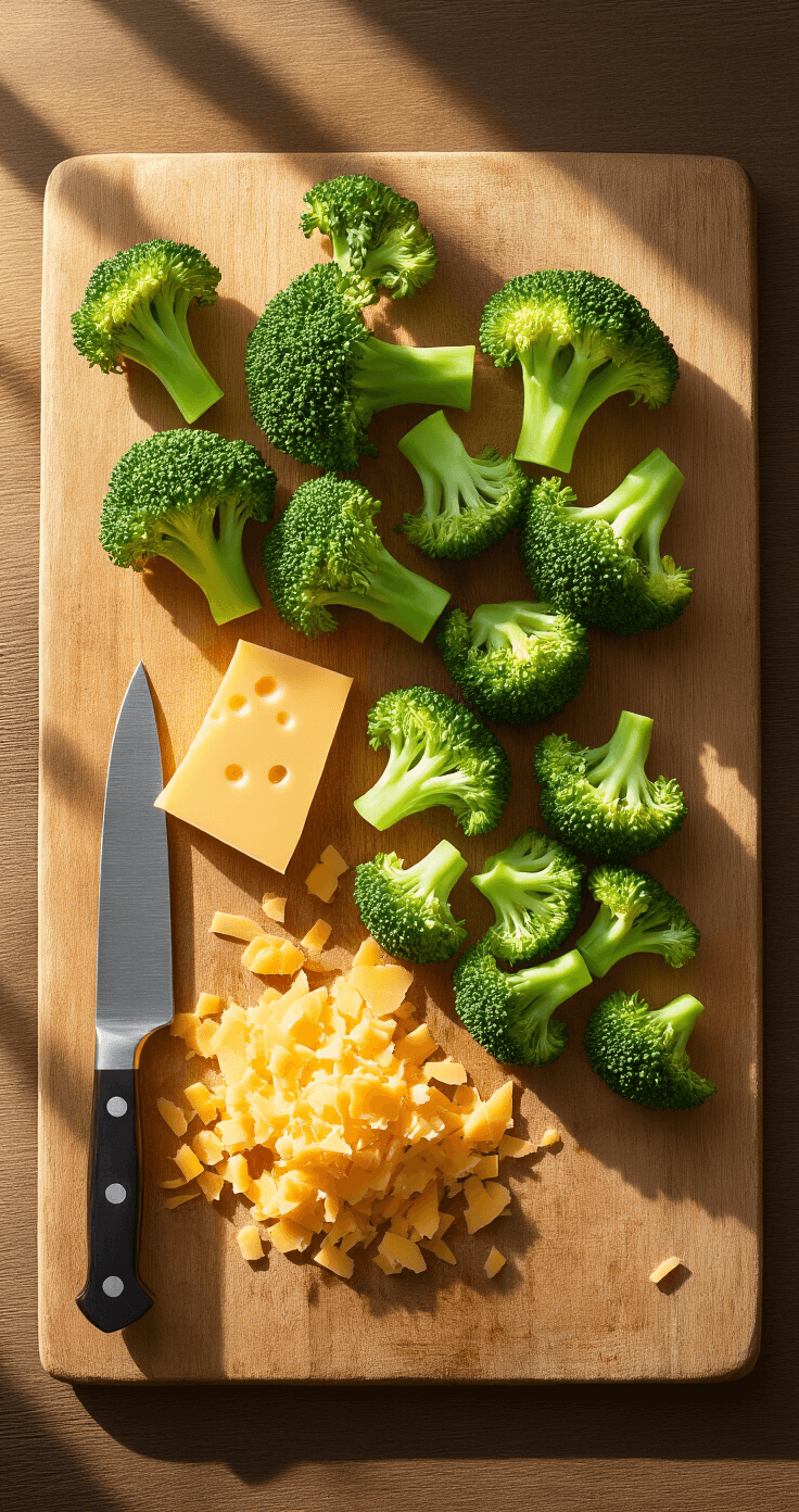 Keto Broccoli-Kaassoep: Romig, Makkelijk en Klaar in 30 Minuten Overhead view of a rustic kitchen counter featuring freshly chopped broccoli, a sharp knife, and scattered cheddar cheese chunks, illuminated by warm late afternoon sunlight.