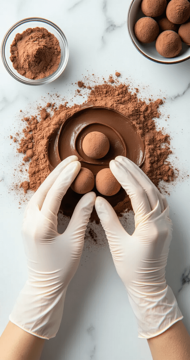 Keto Chocoladetruffels: Suikervrije Luxe in 15 Minuten Bovenaanzicht van handen in witte handschoenen die zorgvuldig chocoladeganache tot perfecte bollen rollen op een elegante marmeren ondergrond, omgeven door cacaopoeder. Zachte, natuurlijke verlichting benadrukt de gladde textuur van de chocolade in een professionele keuken.