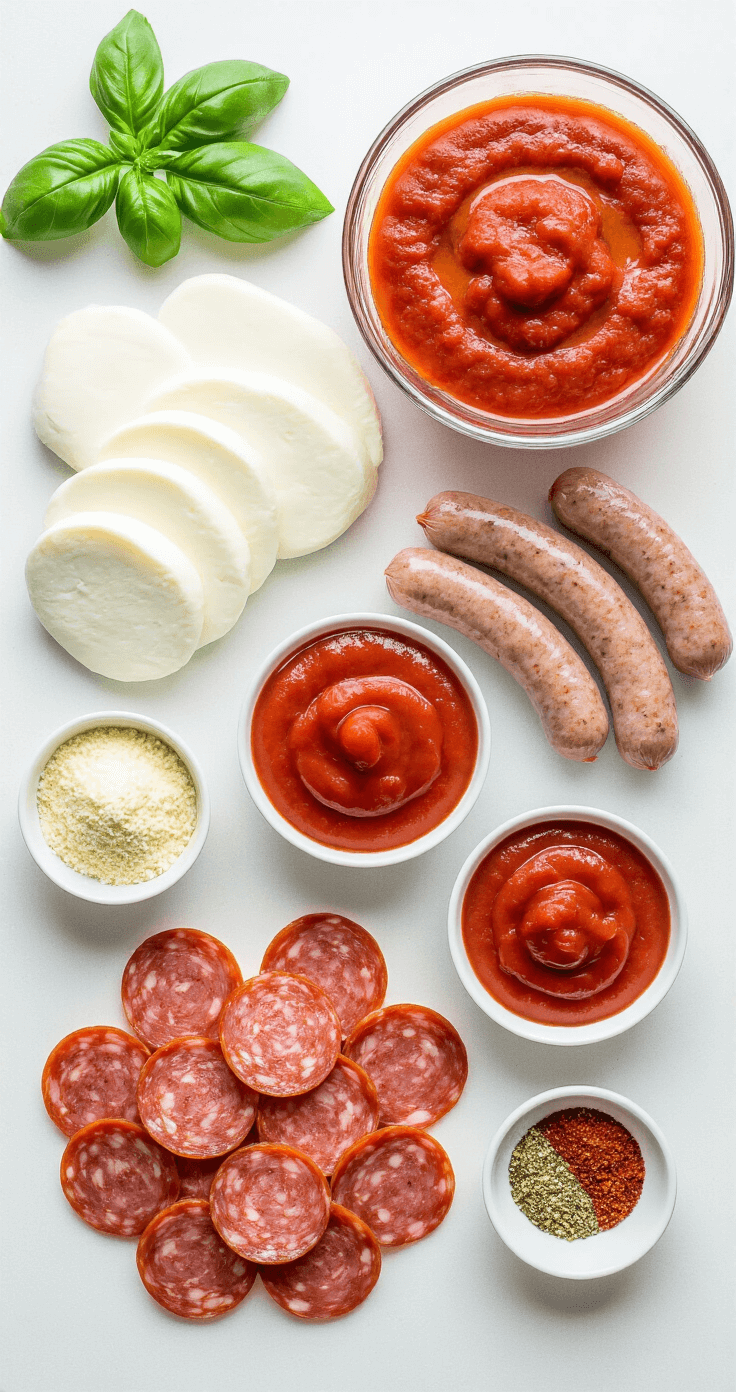 Keto Pepperoni Pizza Ovenschotel Bovenaanzicht van een keukenblad met zorgvuldig gearrangeerde ingrediënten voor keto-pizza, waaronder verse mozzarella, pepperoni, Italiaanse worst, marinara-saus en verschillende kruiden, met professionele belichting die de texturen van de ingrediënten benadrukt.