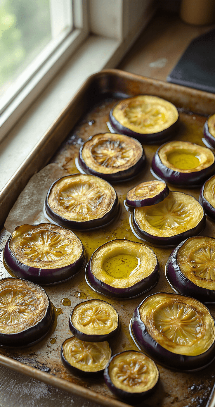 Keto Aubergine Lasagne: Heerlijke Low-Carb Comfort Food Zonder Pasta Cinematisch bovenaanzicht van perfect gesneden aubergine op rustieke metalen bakplaten, glanzend van olijfolie, bij een professioneel keukenraam met zacht natuurlijk licht dat de gouden randjes van de groenteschijven verlicht.