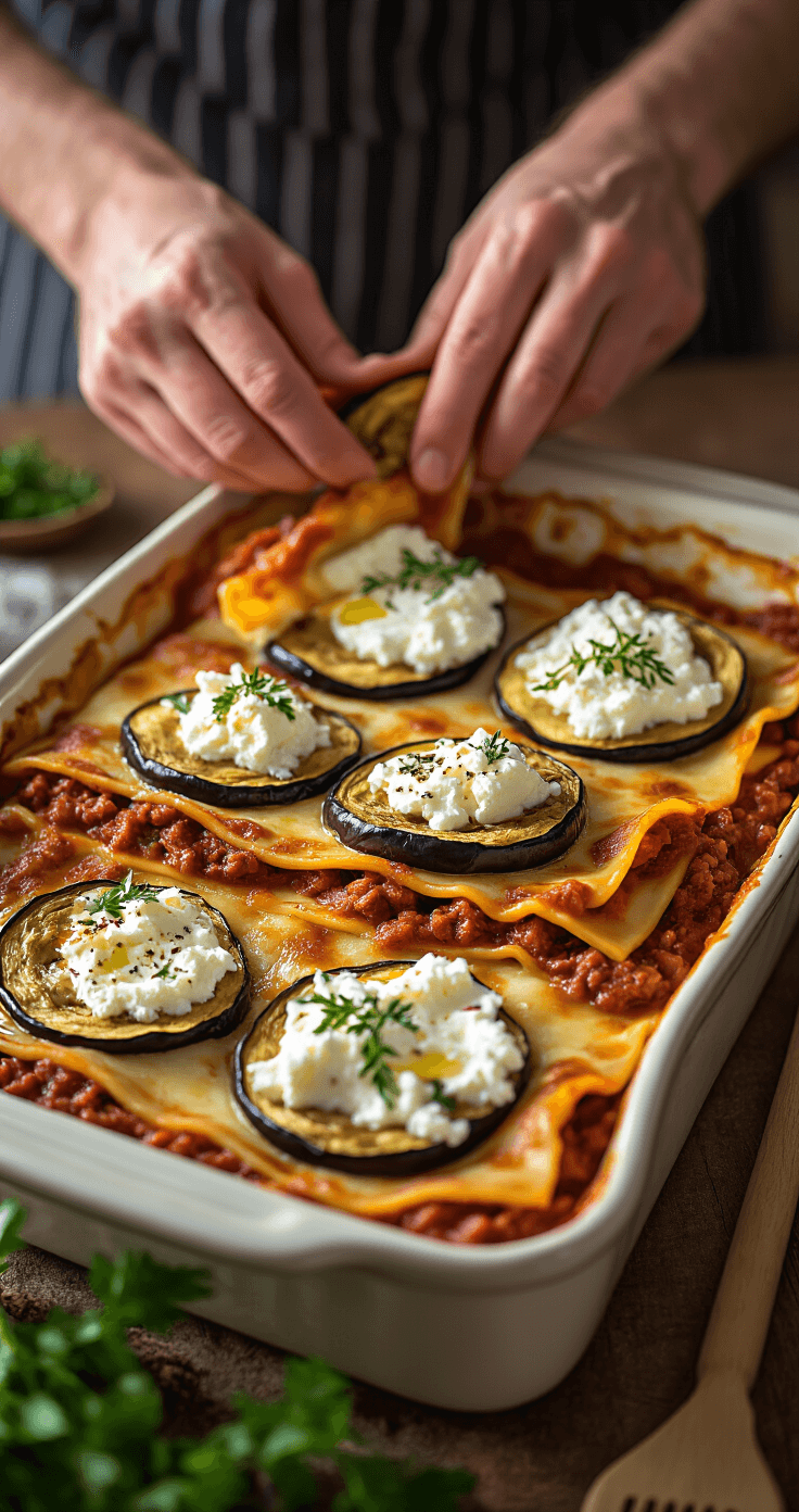 Keto Aubergine Lasagne: Heerlijke Low-Carb Comfort Food Zonder Pasta Professionele foodstyling foto van de nauwkeurige lasagne-assemblage, met handen die geroosterde aubergine, rijke rode vleessaus en romige ricottamengeling lagen in een keramische ovenschaal. Dramatisch zijlicht accentueert de textuurcontrasten tussen de ingrediënten, met kruiden en keukengerei in de achtergrond, wat de uitnodigende sfeer van een warme Nederlandse keuken benadrukt.