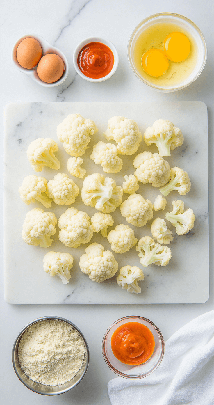 Keto Buffalo Bloemkool Bites – Knapperige Low-Carb Wings Zonder Schuldgevoel Ultra-detailed mise en place voor keto buffalo bloemkool bites, met perfect georganiseerde bloemkoolroosjes op een marmeren aanrecht, omringd door nauwkeurig afgemeten ingrediënten zoals Frank's RedHot-saus, amandelmeel en geklutste eieren, belicht door zacht natuurlijk licht met een professionele chef's indeling en elegante voedselstyling.