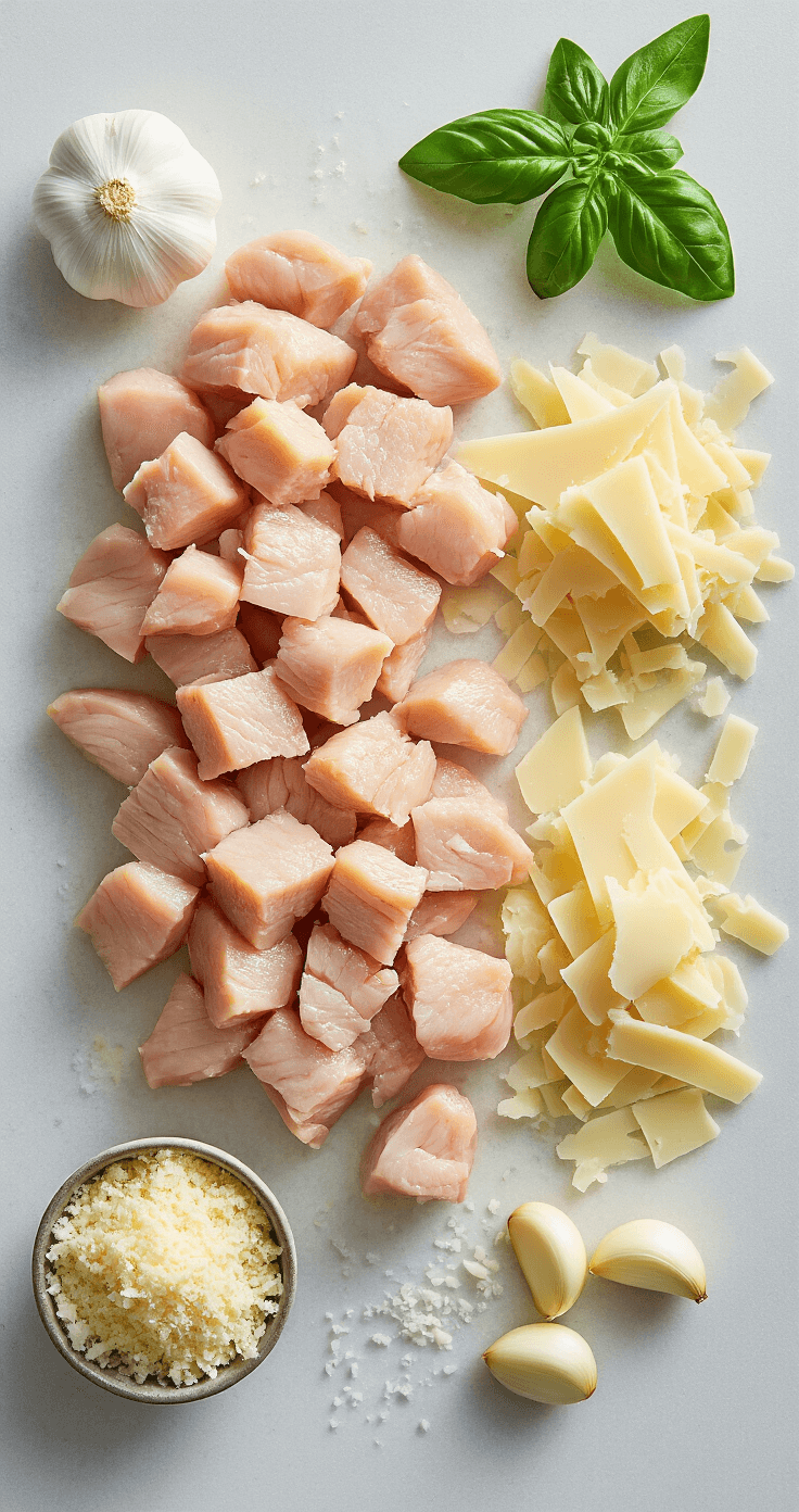 Keto Kip Alfredo Ovenschotel: Romig, Kaasrijk en Perfect Low-Carb Bovenaanzicht van een keukenaanrecht met perfect gesneden kipblokjes, versgeraspte Parmezaanse kaas en gesneden knoflook, verlicht door zacht, diffuus natuurlijk licht, met nauwkeurig gerangschikte ingrediënten.