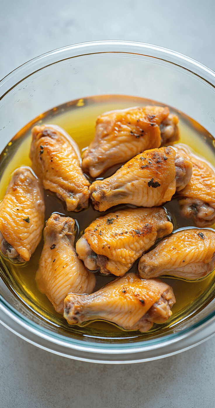 Keto Knoflook-Parmezaan Kippenvleugels: Krokant, Kaasachtig & Koolhydraatarm Ultra-detaillistische close-up van kippenvleugels in een azijnbad in een grote glazen kom, met zacht natuurlijk licht en subtiele azijnrimpels op het wateroppervlak.