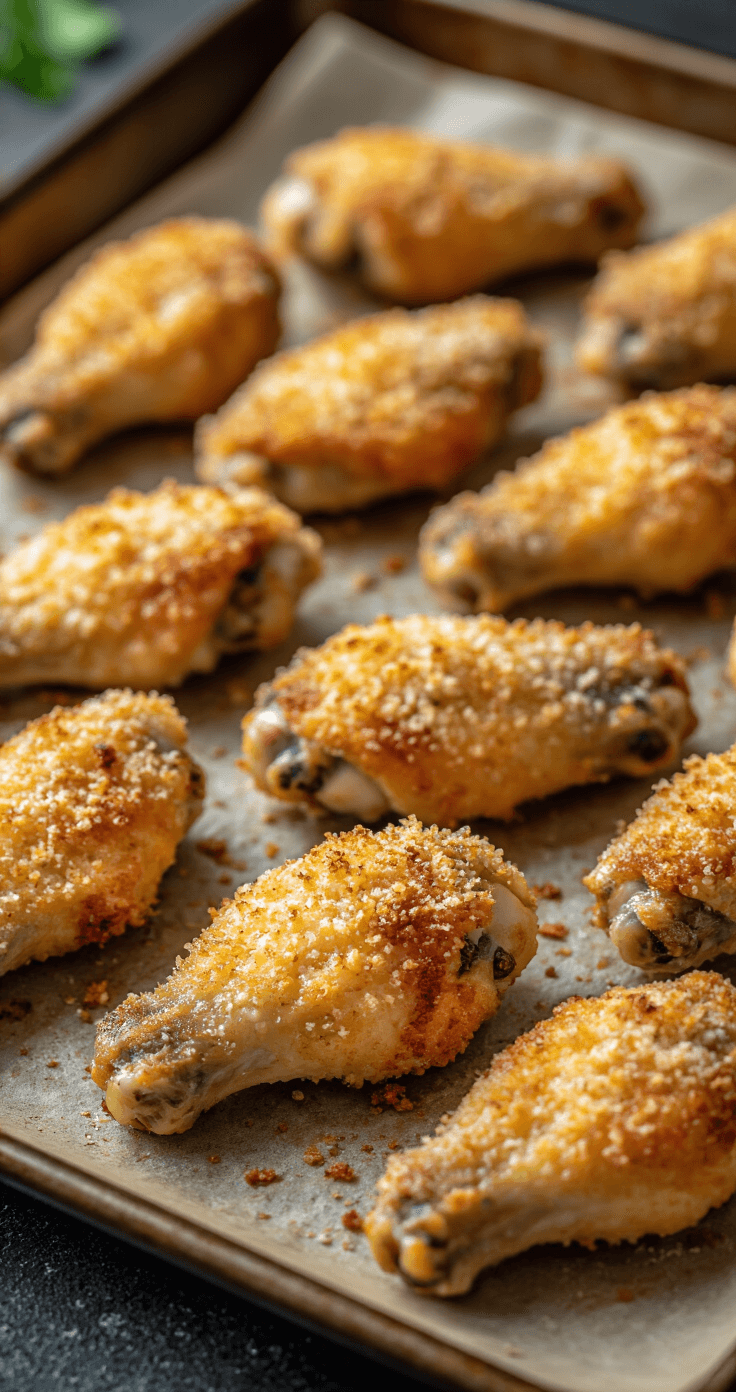 Keto Knoflook-Parmezaan Kippenvleugels: Krokant, Kaasachtig & Koolhydraatarm Keto kippenvleugels met krokante Parmezaanse kaaskorst, goudbruin en perfect gebakken op bakpapier, met een warme oven-achtergrond die de texturen en kleuren accentueert.