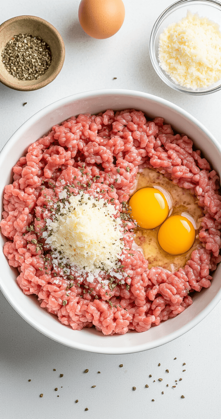 Keto Meatza Pizza: Vleesbodem Pizza Zonder Koolhydraten Bovenaanzicht van een rauwe vleesmengeling die zorgvuldig met de hand wordt gemengd in een keramische witte kom, omringd door Italiaanse kruiden, een gebroken ei en geraspte Parmezaanse kaas, gefotografeerd in zacht, natuurlijk keukenlicht met scherpe details van de textuur van het gemalen vlees.