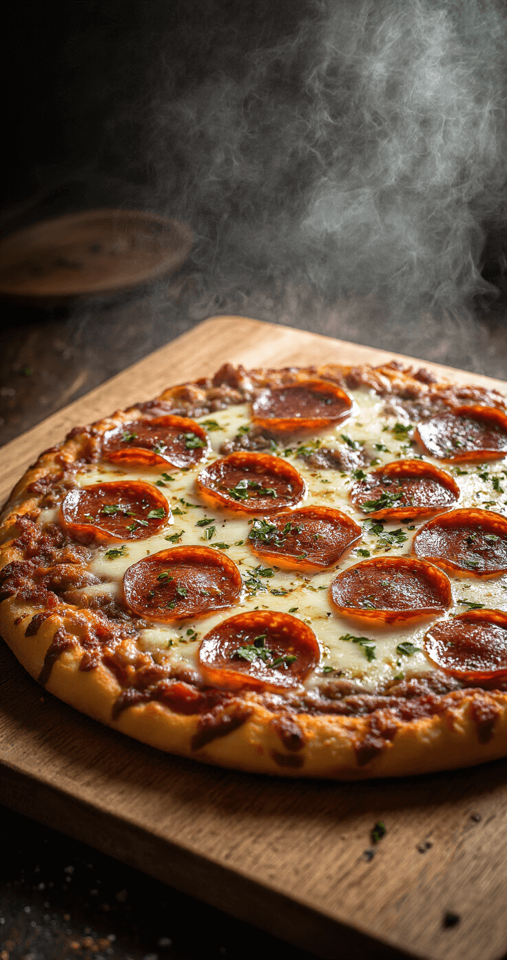 Keto Meatza Pizza: Vleesbodem Pizza Zonder Koolhydraten Close-up van een afgewerkte keto meatza pizza op een rustieke houten snijplank, met een perfect gebruinde vleesschijf, gesmolten gouden mozzarella, verspreide plakjes pepperoni en kruiden. Stoom stijgt zachtjes op, met dramatische zijverlichting die textuur en diepte creëert in een professionele foodfotografie-stijl met scherpe focus op de ingewikkelde details van de pizza.