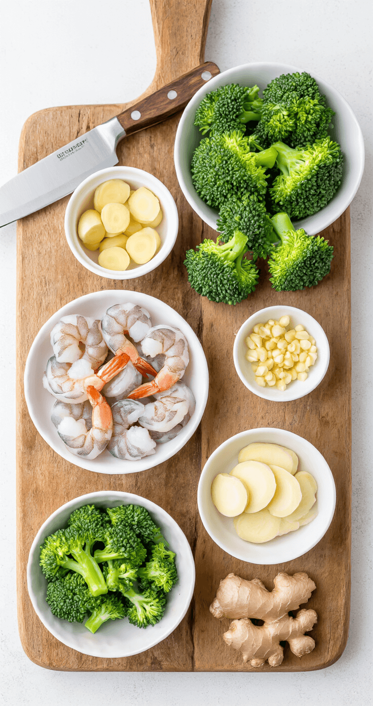 Keto Garnalen en Broccoli Roerbak Mise en place met verse garnalen, groene broccoli, gehakte knoflook en gember op een rustieke houten snijplank, verlicht door zacht natuurlijk licht.