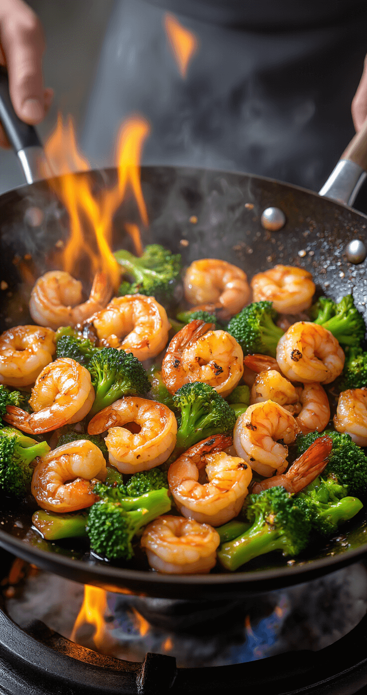 Keto Garnalen en Broccoli Roerbak Actieshot van een professionele carbonstalen wok met gonzende garnalen en broccoli, mid-stir, met stoom en vlammen. Perfect gekarameliseerde garnalen en licht aangemaakte broccoli, met druppels sesamolie en de nauwkeurige bewegingen van de chef.
