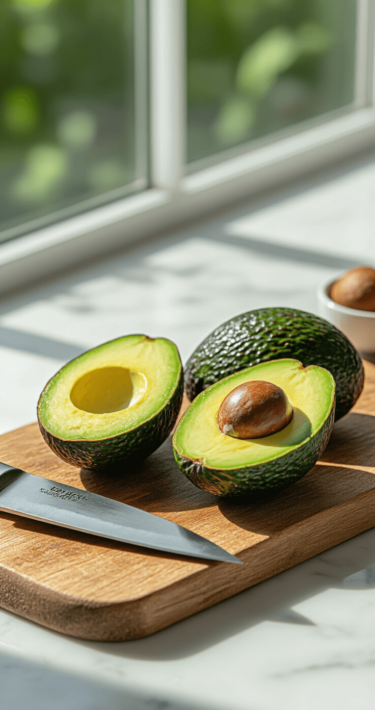 Keto Avocado Chocolademousse – Het Ultieme Koolhydraatarme Dessert in 5 Minuten Ultra-close-up van rijpe avocado's die worden gehalveerd op een rustieke houten snijplank, met zacht natuurlijk ochtendlicht dat door het keukenraam filtert, op de achtergrond een pristine witte marmeren aanrecht, een vlijmscherpe koksmes precies gepositioneerd tussen de avocadohelften, de rijke groene avocadovleeshuid blootgelegd met een diepe bruine pit, zachte schaduwen creëren dramatische textuur, hyper-realistische voedsel fotografie stijl.