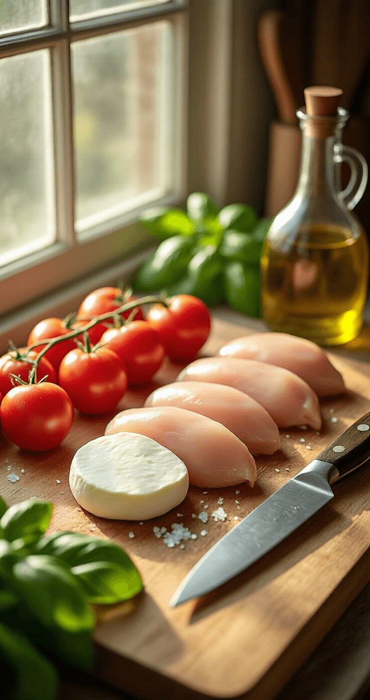 Keto Caprese Kip: Italiaanse Smaak, Nul Koolhydraten Cinematische keuken met vers ingrediënt op een houten snijplank; witte mozzarella, rijpe roma-tomaten, verse basilicum, en rauwe kipfilets, verlicht door gouden natuurlijk licht. Professioneel mise en place met een scherp mes en zeezout, samen met een glanzende olijfolie-fles.