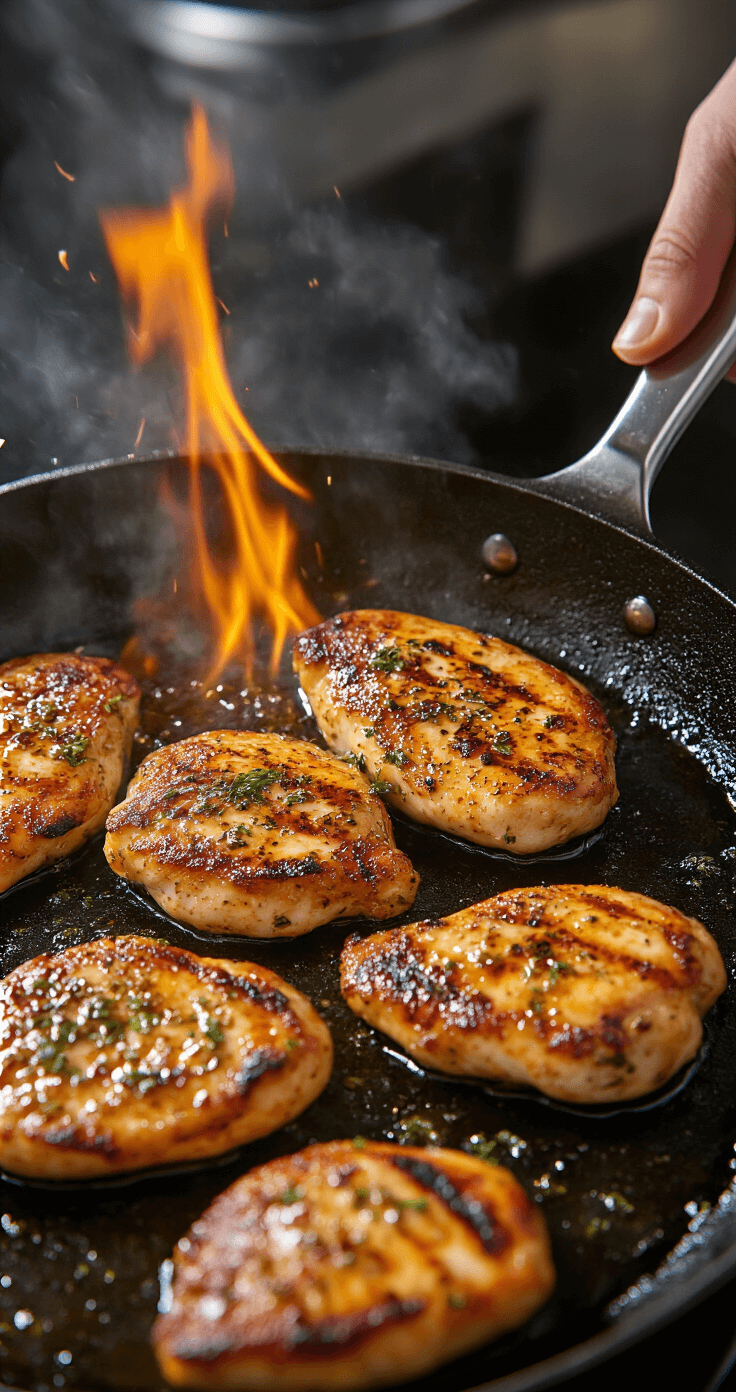 Keto Caprese Kip: Italiaanse Smaak, Nul Koolhydraten Professionele actieopname van een chef-kok die kippendijen in een gietijzeren pan aan het dichtschroeien is, met vlammen die de randen van de pan likken en een goudbruine korst die zich vormt. Stoom rijst op, terwijl een glinsterende olijfolie in de pan danst, met de keuken op de achtergrond iets vervaagd.