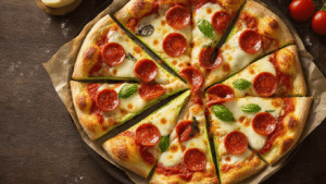 Courgette Pizza Bootjes: De Gezonde Pizzavariant Die Je Wilt Maken Aerial view of golden-brown zucchini pizza boats in a rustic baking dish, topped with bubbling mozzarella, colorful pepperoni, fresh basil, and visible red pizza sauce, surrounded by wooden cutting board, fresh zucchini slices, and Italian herbs, with warm lighting creating inviting shadows and highlights.