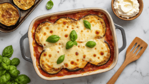 Keto Aubergine Lasagne: Heerlijke Low-Carb Comfort Food Zonder Pasta Cinematisch bovenaanzicht van een keto aubergine lasagne met gesmolten mozzarella, omringd door verse basilicum, geroosterde aubergine, ricotta en keukengerei in een warme Nederlandse keuken.