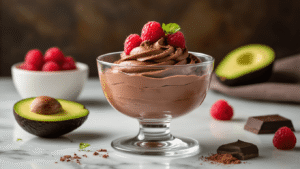 Keto Avocado Chocolademousse – Het Ultieme Koolhydraatarme Dessert in 5 Minuten Elegante glazen dessertkom met chocolade-avocadomousse, frambozen en kokosroom, op een marmeren achtergrond, omgeven door avocadohelften en cacaopoeder, in een warme keuken met natuurlijk licht.