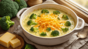 Keto Broccoli-Kaassoep: Romig, Makkelijk en Klaar in 30 Minuten Romige keto broccoli-kaassoep in een warme, uitnodigende keuken, omringd door ingrediënten zoals broccoli, cheddar en boter, onder verlichting van de gouden middagzon.