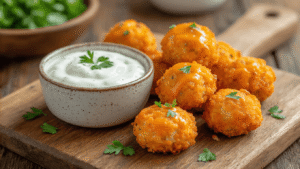 Keto Buffalo Bloemkool Bites – Knapperige Low-Carb Wings Zonder Schuldgevoel Goudbruine buffalo bloemkool bites met een glanzende saus op een rustieke houten plank, vergezeld van een romige ranch dip en verse peterselie, warme belichting en een gezellige keukenachtergrond.
