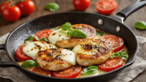 Keto Caprese Kip: Italiaanse Smaak, Nul Koolhydraten Cinematische close-up van keto caprese kip met gesmolten mozzarella, tomaat en basilicum in een gietijzeren pan, omgeven door warme ovenverlichting en een rustieke houten achtergrond.