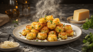 Keto Bloemkool Tater Tots – Crispy Laagkoolhydraat Snack Ultra-gedetailleerde culinaire scène van gouden-bruine keto bloemkool tater tots met vers geraspte kaas, perfect gerangschikt op een marmeren aanrecht, met stoom die opstijgt en een warme sfeer van cinematische verlichting.