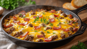 Keto Cheeseburger Skillet – Snelle One-Pan Maaltijd Een dampende gietijzeren pan gevuld met goudbruin rundgehakt, gesmolten cheddar kaas en knapperige bacon, gegarneerd met verse augurk en dille, met een warme keukenachtergrond en een houten spatel.