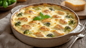 Keto Kip Alfredo Ovenschotel: Romig, Kaasrijk en Perfect Low-Carb Warme keto kip alfredo ovenschotel met gesmolten mozzarella en bloemkool op een rustieke houten tafel, sfeervol verlicht met kaarslicht.