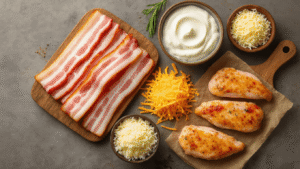 Keto Kip-Bacon-Ranch Ovenschotel: Het Ultieme Comfort Food Recept Cinematisch bovenaanzicht van gestileerde ingrediënten voor keto kip-bacon-ranch ovenschotel, inclusief bacon, roomkaas, kip, cheddar kaas en ranch kruiden, in warme natuurlijke verlichting.