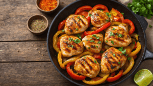 Keto Kipfilet Fajita's – Snel, Smaakbom, Simpel Gietijzeren pan met gebruinde kipreepjes en kleurrijke paprika's, omringd door kruiden en limoen, op een rustiek houten tafel met koriander, cheddar en tortilla's.