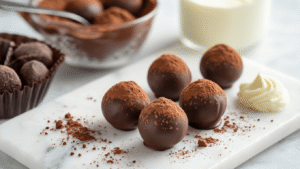 Keto Chocoladetruffels: Suikervrije Luxe in 15 Minuten Elegante zwarte chocoladetruffels bestrooid met cacaopoeder op een wit marmeren werkblad, omringd door een professionele keukenomgeving met glanzende roestvrijstalen mengkom en verse slagroom.