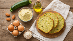 Keto Courgettebrood: Luchtig, Koolhydraatarm en Verrassend Lekker Cinematografische overhead shot van een rustieke houten keukentafel met ingrediënten voor keto courgettebrood, waaronder amandelmeel, eieren, geraspte courgette, olijfolie, oude kaas en rozemarijn, verlicht door zachte ochtendzon.