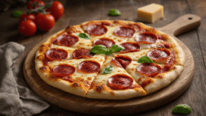 Keto Meatza Pizza: Vleesbodem Pizza Zonder Koolhydraten Close-up van een afgewerkte keto meatza pizza op een rustieke houten snijplank, met een gebruinde vleesbodem, gesmolten mozzarella, glanzende pepperoni, en verse basilicum, omringd door een warme keukenachtergrond.