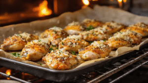 Keto Knoflook-Parmezaan Kippenvleugels: Krokant, Kaasachtig & Koolhydraatarm Goudbruine keto kippenvleugels met gesmolten Parmezaanse kaaskorst, op bakpapier op een donkere bakplaat, omringd door gesmolten roomboter, knoflook en Italiaanse kruiden, met een gezellige keukensfeer en peterselie garnering.