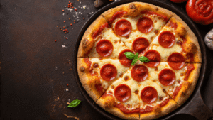 Keto Pepperoni Pizza Ovenschotel Cinematisch bovenaanzicht van een keto pepperoni pizza ovenschotel met gesmolten mozzarella, Italiaanse worst en marinara saus, warm verlicht tegen een donkere achtergrond, met verse basilicum en een houten lepel.