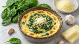 Keto Spinazie-Artisjokdip: Romige Low-Carb Perfectie in 30 Minuten Rustieke keramieken ovenschaal met goudbruin borrelende keto spinazie-artisjokdip omringd door verse ingrediënten op een marmeren aanrecht, verlicht door warme gouden gloed.