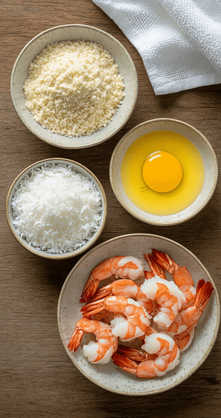 Keto Kokosgarnelen: Knapperig, Koolhydraatarm en Klaar in 35 Minuten Overhead shot van drie keramische kommen met ingrediënten voor kokosgarnalen: gekruide kokosbloem, geklopt ei en fijne kokosvlokken, met rauwe grote garnalen ertussen, op een rustieke houten aanrecht, verlicht door zacht ochtendlicht.
