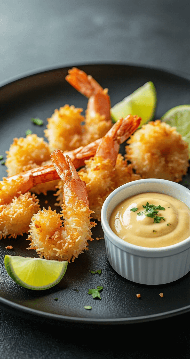 Keto Kokosgarnelen: Knapperig, Koolhydraatarm en Klaar in 35 Minuten Gourmet presentatie van krokante kokosgarnalen op een zwarte keramische plaat, gegarneerd met limoenpartjes en kruiden, met een wit ramekin gevuld met pittige aioli ernaast. Dramatische belichting benadrukt de textuur van de kokosbedekking.