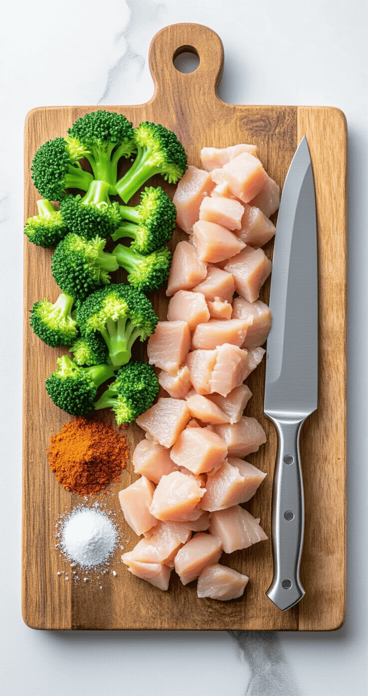 Keto Kip-Broccoli Ovenschotel: Romig, Makkelijk en Koolhydraatarm Een ultra-detaillistische keukenaanzicht met verse ingrediënten zorgvuldig gerangschikt op een rustieke houten snijplank, waaronder perfectamente gesneden kip, heldergroene broccoli en een verscheidenheid aan specerijen, met een roestvrijstalen keukenmes erbij geplaatst, alles verlicht door natuurlijk licht.