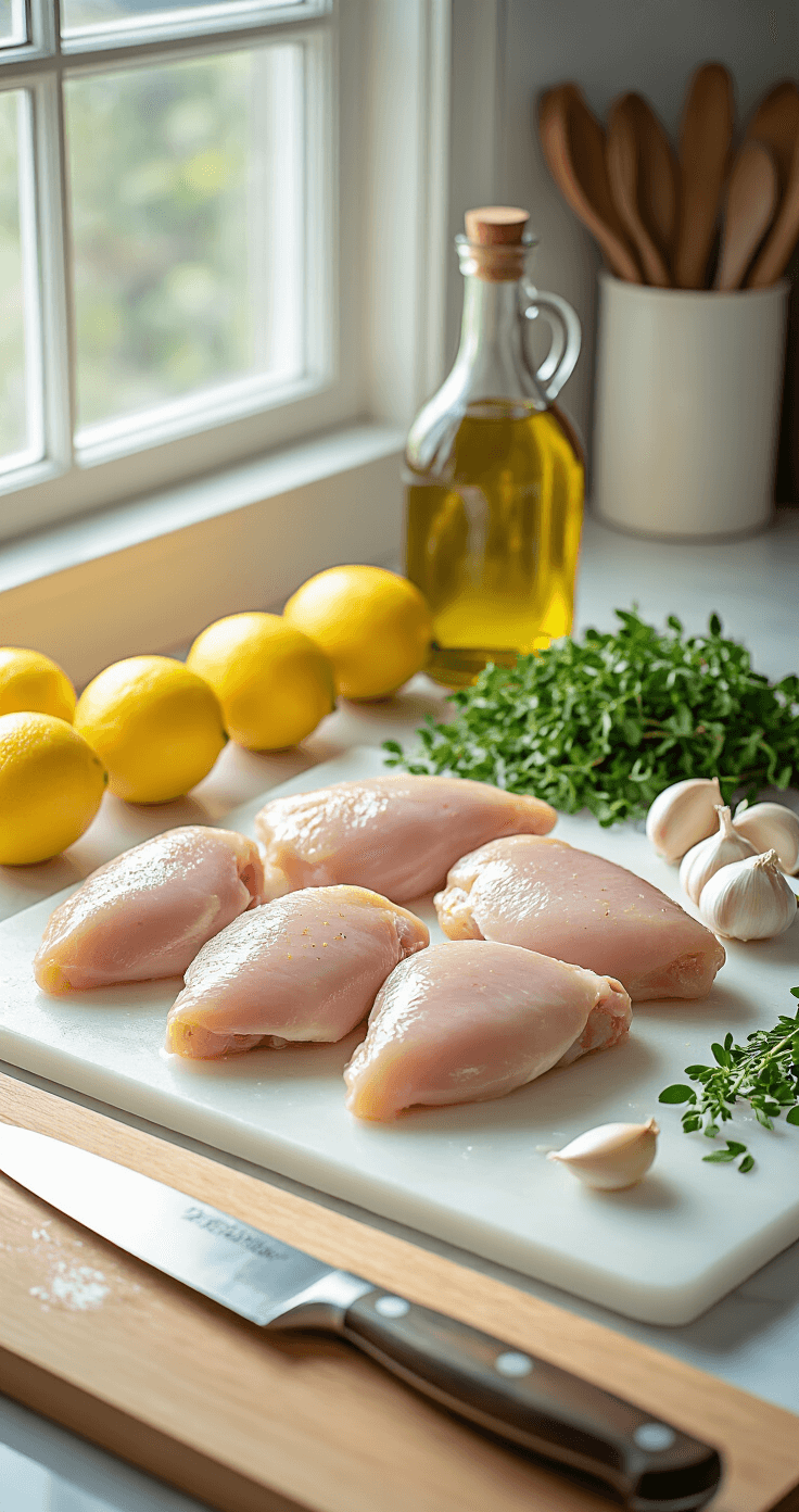 Keto Citroen-Knoflook Kip: Sappig, Simpel en Superlekker Cinematische keukenopstelling met mise en place voor keto citroen-knoflookkip. Witte marmeren aanrecht met schoon, drooggekapt kipfilet, omringd door gouden citroenen, verse oregano, teentjes knoflook en extra vergine olijfolie in een vintage glazen fles. Zacht ochtendlicht dat door het keukenraam stroomt en schaduwen werpt. Professioneel koksmes en houten snijplank op de voorgrond, die culinaire precisie en gereedheid uitstralen.
