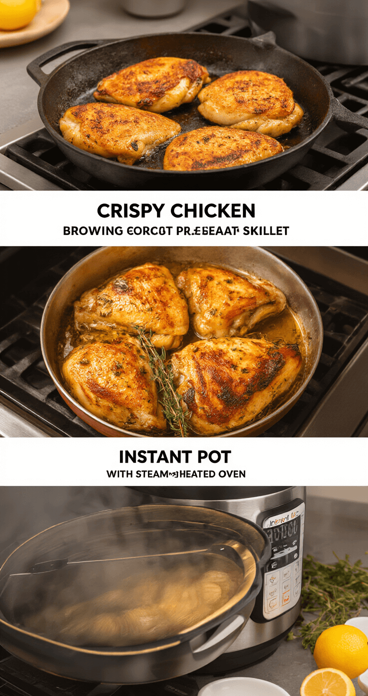 Keto Citroen-Knoflook Kip: Sappig, Simpel en Superlekker Drie verschillende bereidingsmethoden voor keto citroen-knoflookkip in een split-screen compositie: links krokante kip in een gietijzeren pan, midden kip rijdend in de oven met kruiden, rechts een Instant Pot met stoom. Professionele keuken met een warme kleurstelling van goudbruin en amber.