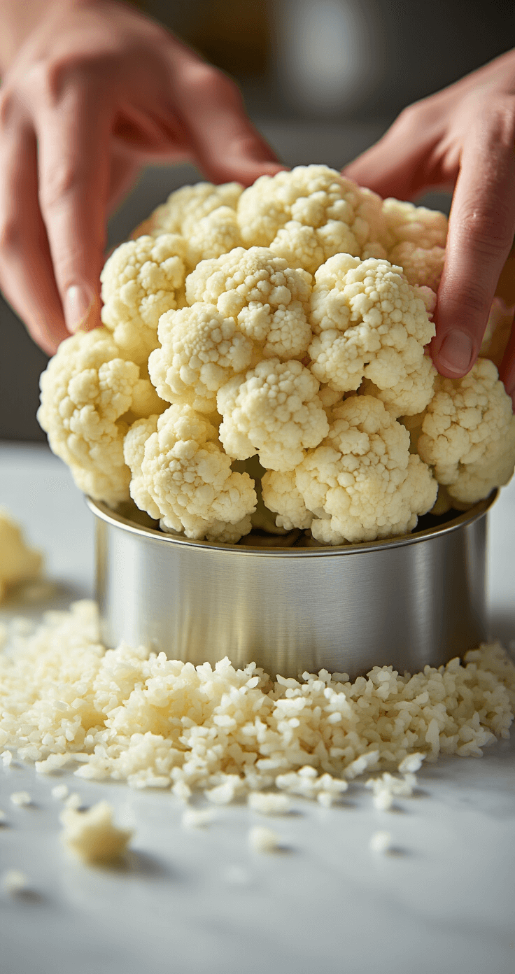 Keto Bloemkool Pizzabodem – Knapperig, Glutenvrij en Waanzinnig Lekker Ultra-detaill close-up van verse bloemkool die in rijstachtige structuur wordt verwerkt in een professionele keuken, verlicht door zacht natuurlicht met een schone marmeren aanrecht vol kleine, rijstachtige korrels.