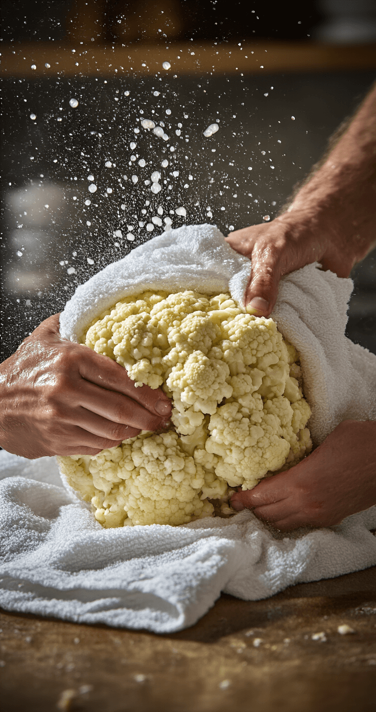 Keto Bloemkool Pizzabodem – Knapperig, Glutenvrij en Waanzinnig Lekker Dramatische bovenaanzicht van handen die met intensieve concentratie vocht uit bloemkool wringen met een witte keukendoek, waterdruppels spatten, stoom stijgt op, stenen aanrecht met professioneel culinaire verlichting die spierkracht en techniek benadrukt, close-up van textuur en vochtextractie proces.