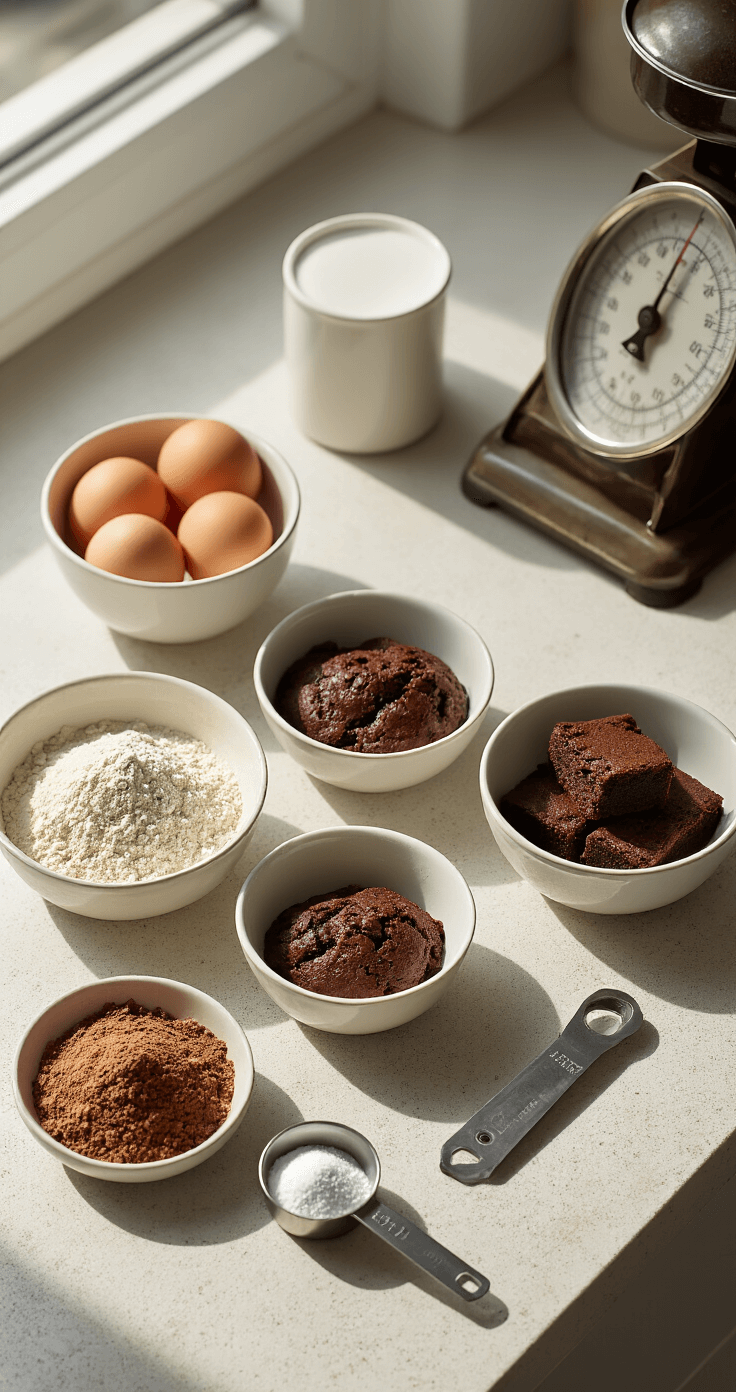 Keto Brownies van Amandelmeel: Fudgy, Chocoladerig en Gewoon Geweldig Overhead shot van een keukenteller met precies gemeten ingrediënten voor keto brownies, waaronder amandelmeel, donkere cacaopoeder en verse eieren, verlicht door natuurlijk licht en met een minimalistische uitstraling.