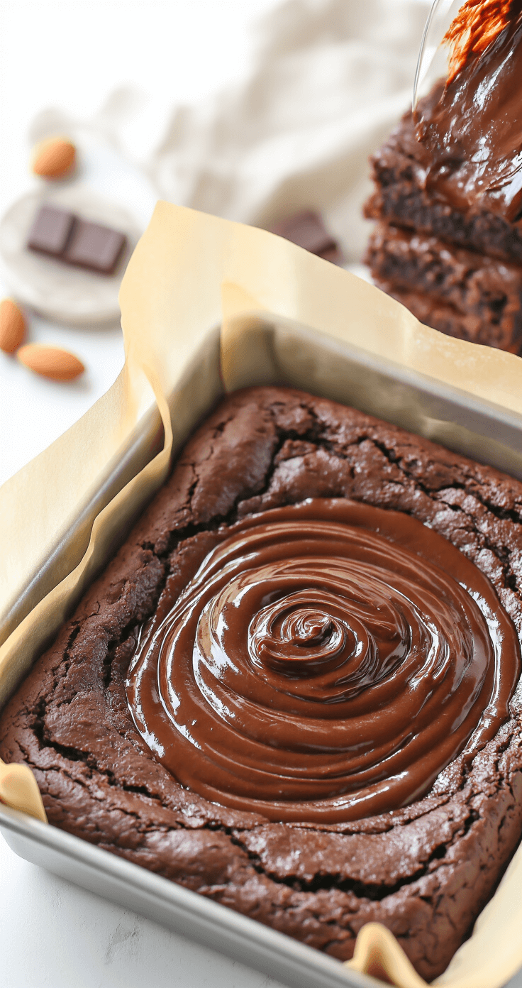 Keto Brownies van Amandelmeel: Fudgy, Chocoladerig en Gewoon Geweldig Cinematisch close-up van rijke chocolade brownie-beslag dat in een vierkante bakpan wordt geschonken, met een zijdezachte textuur en diepe chocoladekleur, verlicht door warm keukengeloof.