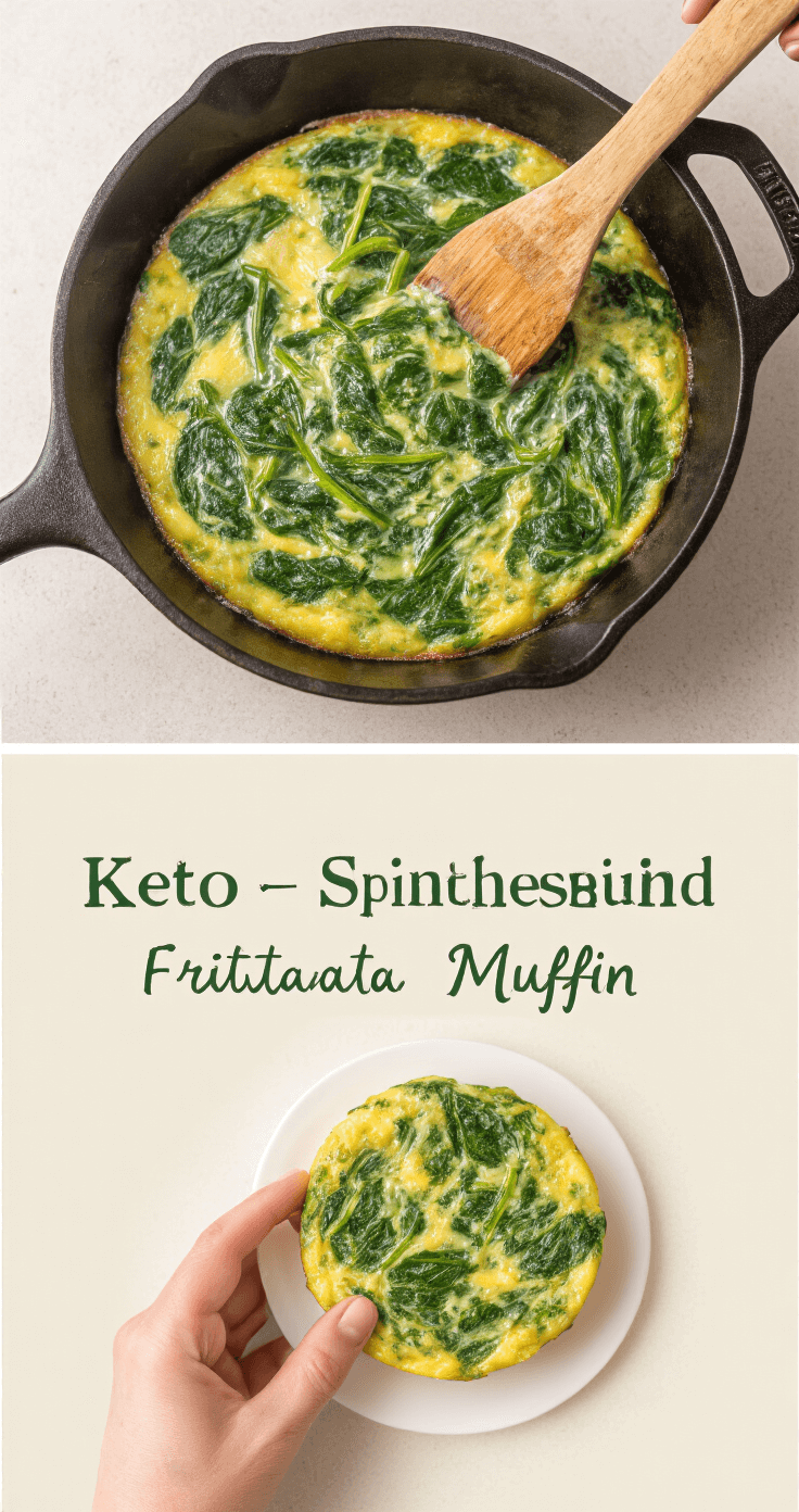 Keto Spinazie Frittata Muffins – Eiwitrijk Ontbijt voor Onderweg Ultra-realistische keukenopname van de bereiding van spinazie, met een gietijzeren pan vol levendige groene bevroren spinazie en stoom die oprijst. Houten spatel in de pan, met zacht natuurlijk licht dat door het keukenraam komt en het vocht verdampen benadrukt. Professionele foodfotografie met scherpe focus op de textuur van de spinazie en details van de pan, met warme neutrale keukentinten en de handen van een professionele chef.