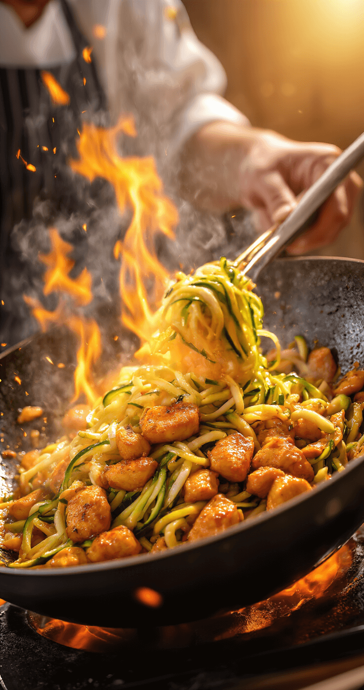 Keto Courgette-Noedels Pad Thai: Een Snelle Low-Carb Twist op een Thais Klassieker Een dinamische kook scène in een wok met spetterende ingrediënten tijdens het roerbakken, vlammen die de rand van de pan likken, de handen van de chef in beweging, courgette-noedels glinsteren met saus, stoom stijgt dramatisch op, gouden-brown eiwitten zijn zichtbaar, warme amber- en oranjetinten benadrukken de culinaire energie en beweging.