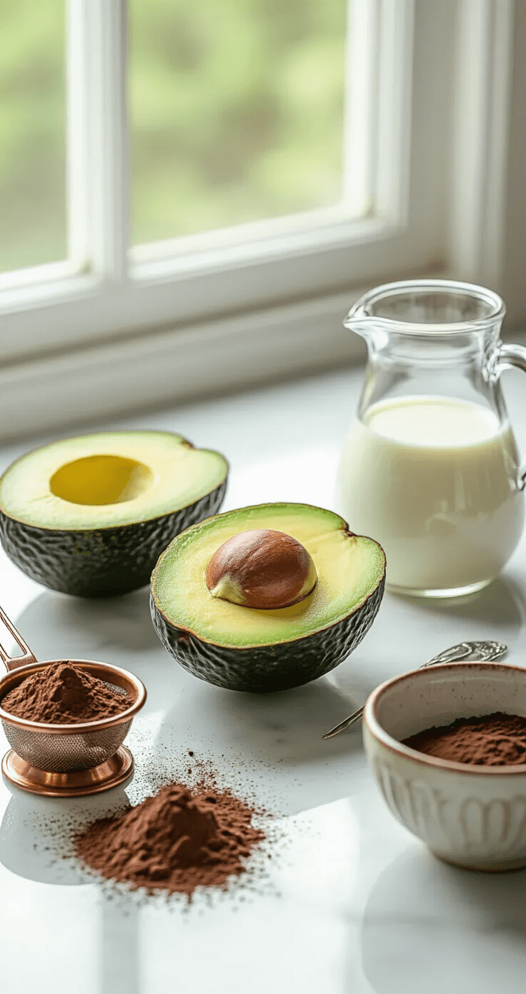 Avocado Chocolademousse: Cremig Dessert in 5 Minuten (Veganistisch & Glutenvrij) Ultra-detailed scène van een perfect rijpe Hass avocado, doormidden gesneden op een pristine witte marmeren aanrecht, met zacht natuurlijk licht dat door een keukenraam stroomt. Eén helft toont het diepe groene vruchtvlees, de pit zorgvuldig verwijderd, met een glanzende zilveren lepel die klaarstaat om het romige interieur te scheppen. Om de avocado heen: een vintage koperen zeef gevuld met rijke donkere cacaopoeder, een klein glazen kannetje amandelmelk, en een handgemaakt keramisch kommetje dat staat te wachten op de mousse. Zachte, gediffundeerde verlichting creëert een gevoel van culinaire anticipatie en artistieke voorbereiding.