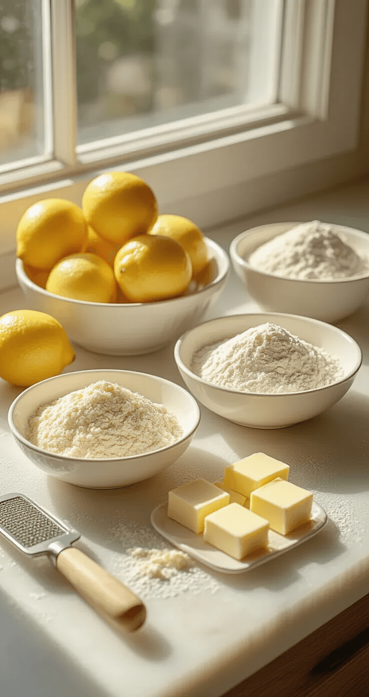 Keto Citroenrepen: Zonnige, Suikervrije Citroenbars die je Keto-Droom Laten Uitkomen Keurige ingrediënten voor keto citroenrepen op een zonovergoten keukenaanrecht, met verse citroenen, gouden boerderij-eieren, amandelmeel in stijlvolle keramische kommetjes en kunstzinnig gerangschikte zachte boter. Zacht ochtendlicht dat door het raam stroomt, creëert delicate schaduwen.